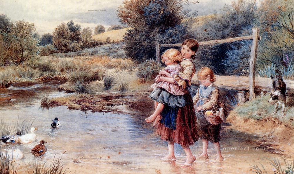 enfants pagayer dans un ruisseau victorien Myles Birket Foster enfants animaux Peintures à l'huile